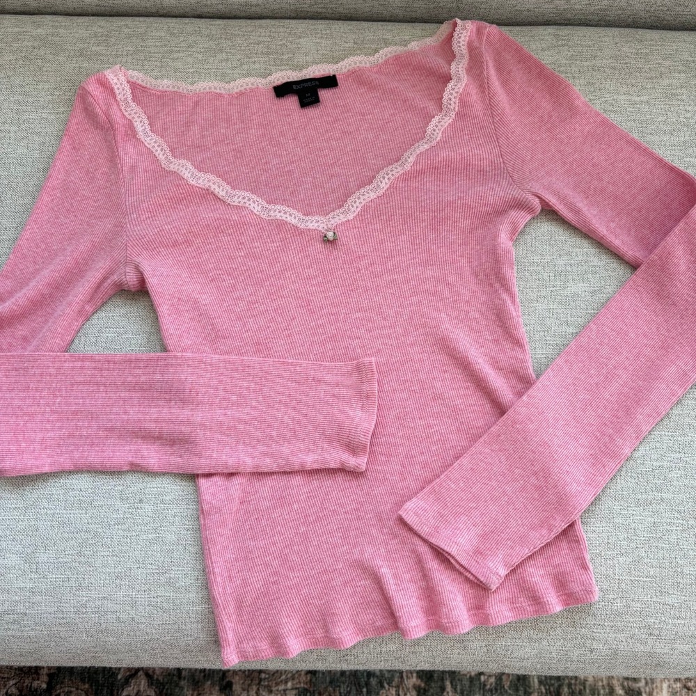 Vintage Express Top Medium Pink Ribbed Lace Trim Coquette Y2K 2000s Romantic